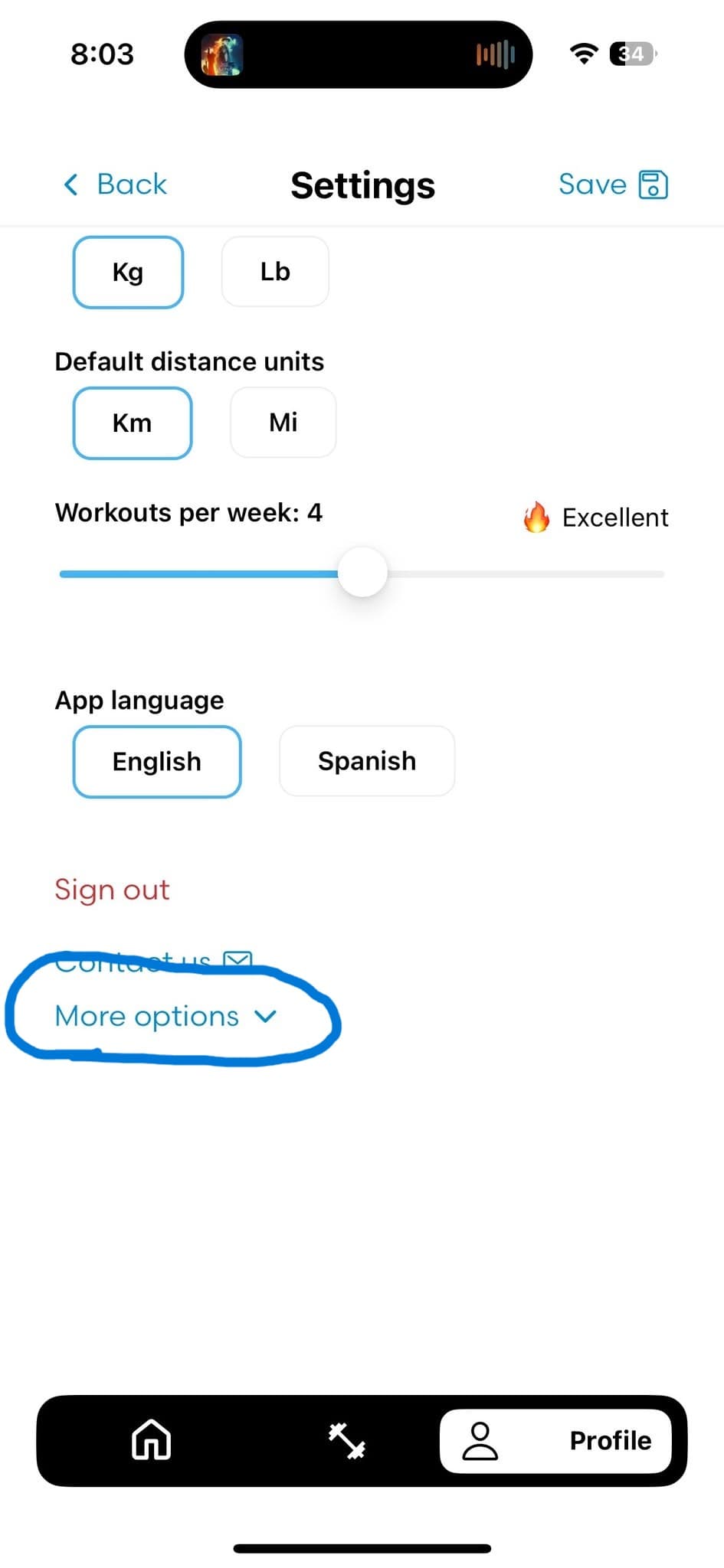 Step 3: Scroll to the bottom and press 'more options', were you'll find the delete account option