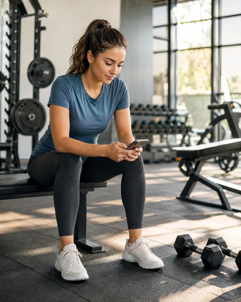 Mujer preparando su rutina en el teléfono antes de entrenar