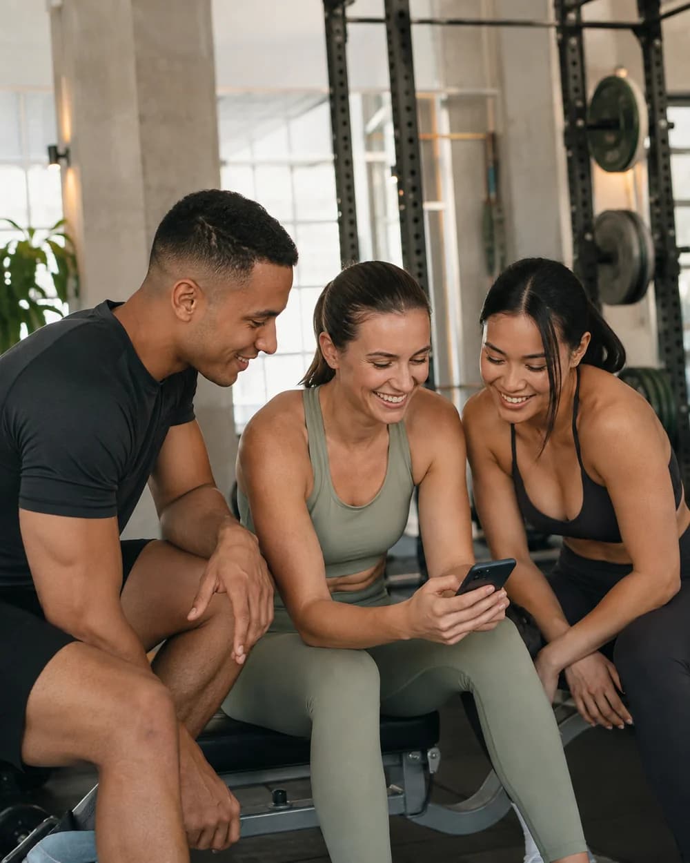 Tres amigos compartiendo su entrenamiento en el teléfono