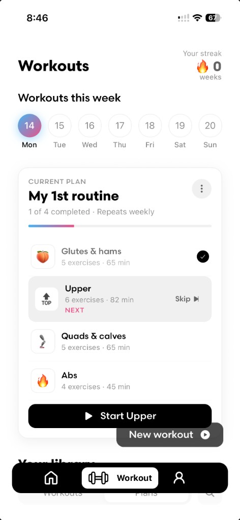 Pantalla de entrenamientos con el plan de la semana y la siguiente rutina lista